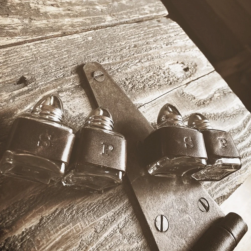 Mini Glass Salt & Pepper Shakers Set | Hand-Wrapped Rustic Italian Leather